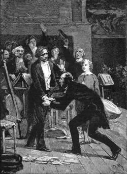 Никколо Паганини и Гектор Берлиоз. Гравюра с картины Ивона Адольфа, опубликованная в Le Monde Illustré, 22 марта 1884 года, представляет собой сцену в Парижской консерватории после концерта Берлиоза в декабре 1838 года...